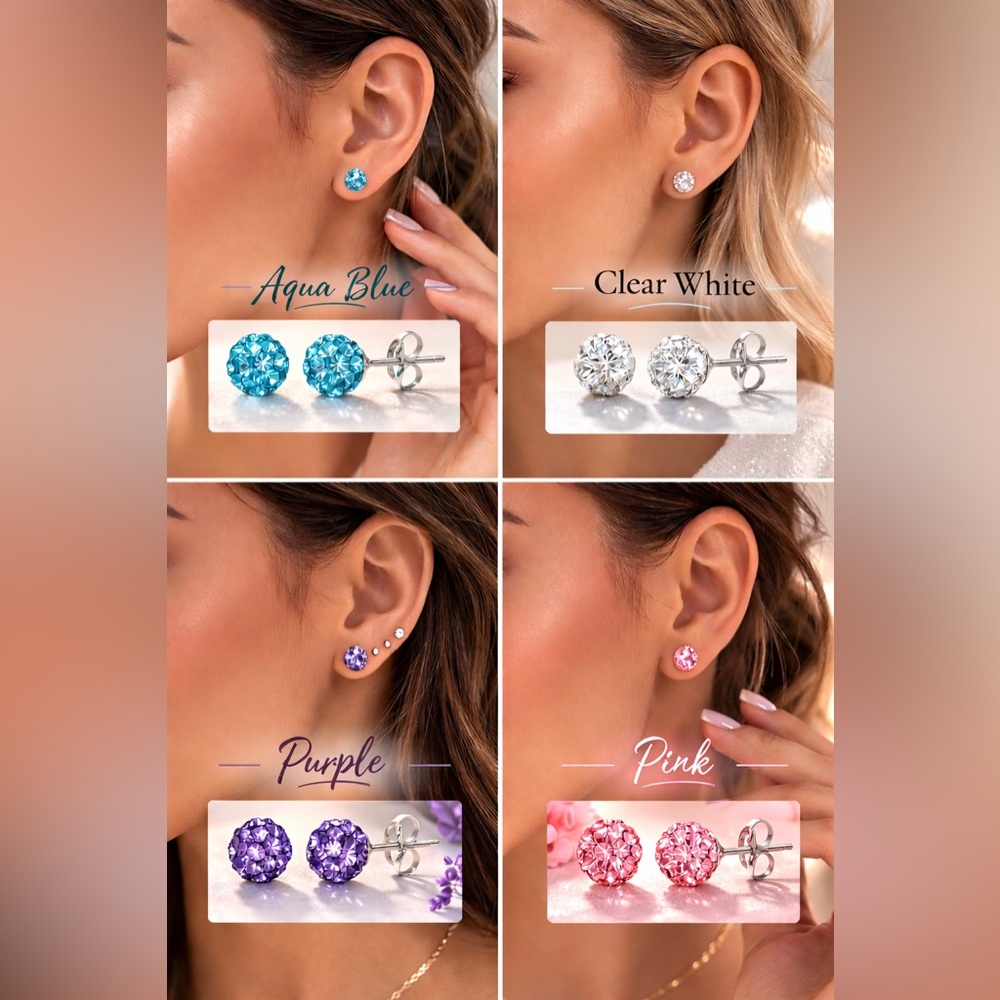 NEW Sterling Silver Crystal Ball Stud Earrings – Set of 4 Blue•White•Purple•Pink